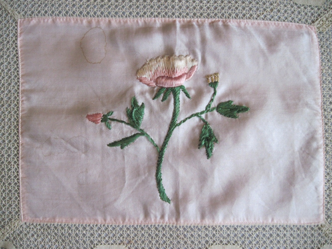 vintage antique Pink Satin and Lace Table Scarf with a Single Embroidered Rose