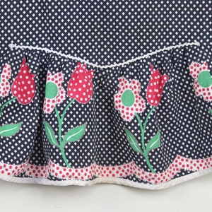 vintage 1970s Navy Gingham Half Apron with daisies tulips ruffles for baking Cookies & Sweet Treats with polka dots and rickrack image 3