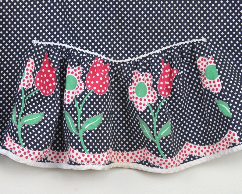 vintage 1970s Navy Gingham Half Apron with daisies tulips ruffles for baking Cookies & Sweet Treats with polka dots and rickrack image 3