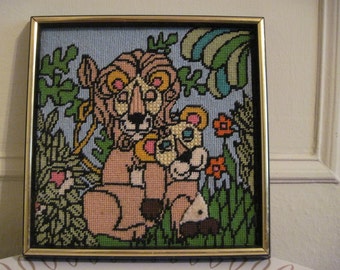 Lion Pride - 1970s Framed Needlepoint Picture - vintage art - big cats for childs room or nursery