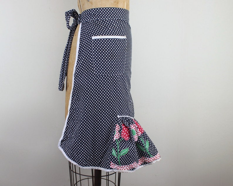 vintage 1970s Navy Gingham Half Apron with daisies tulips ruffles for baking Cookies & Sweet Treats with polka dots and rickrack image 4