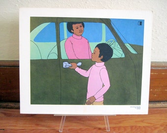 1970s Sequence Poster - retro Mother & Daughter and a Classic Car  - vintage extra large flash card art, ready to frame