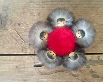 vintage Inuit Blanket Toss Pin Cushion, made in Alaska with wooden, hand painted Eskimo children & genuine MINK fur + Red Velvet