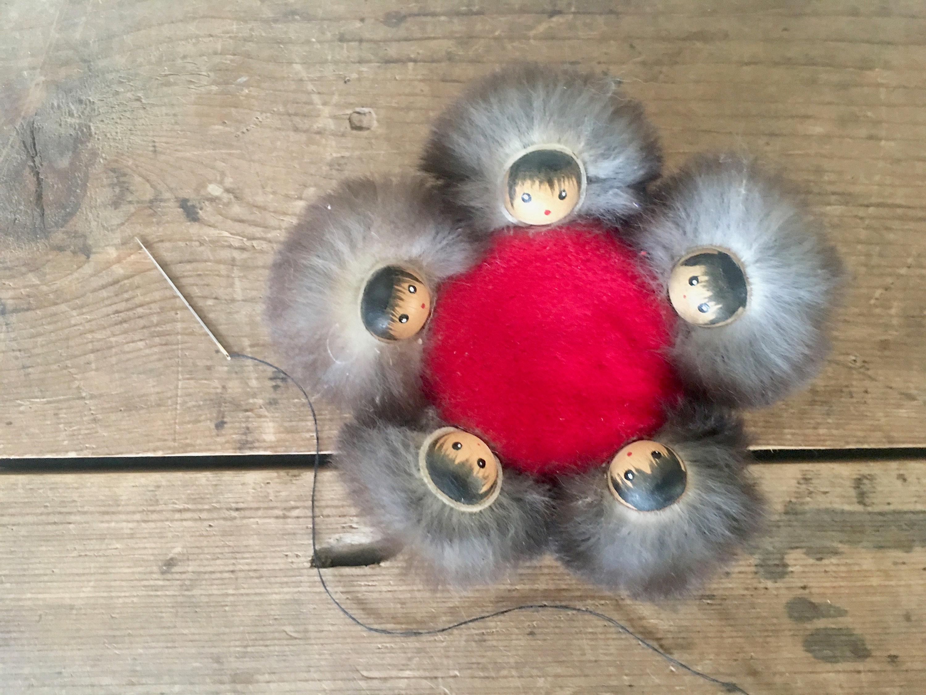 vintage Inuit Blanket Toss Pin Cushion, made in Alaska with wooden, hand painted Eskimo children & genuine MINK fur + Red Velvet