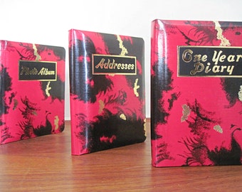 set of 3 - vintage PHOTO Album, ADDRESS Book, and One Year DIARY - nos, never used, in original box, deadstock - red, black & gold marble