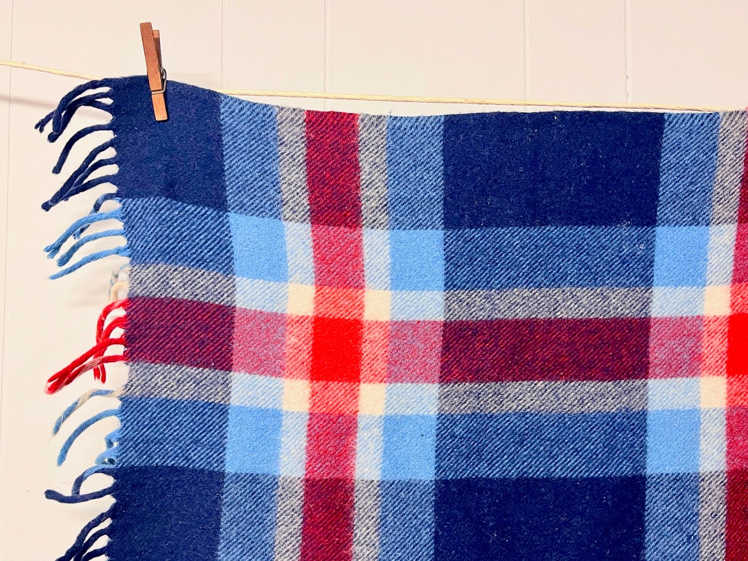 1960s Wool Plaid Blanket, Red White Blue Vintage Throw With Twisted