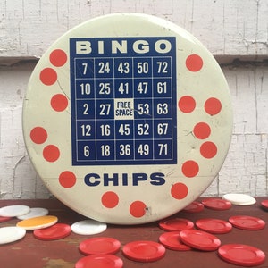 BINGO CHIPS - vintage Valerie Sweets tin - game night, round, stackable, New Jersey, jewelry box, storage, cookie tin, button box