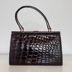Vintage Crocodile Embossed Leather Handbag with Suede Lining and Gold Hardware