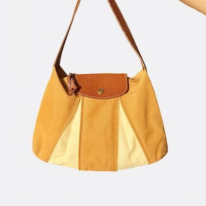 Longchamp vintage shoulder bag nylon with leather trim gold hardware