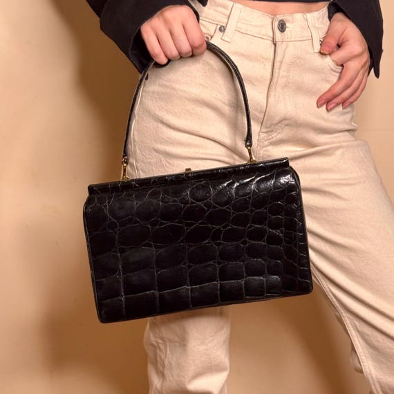 Sac à Main Femme En Cuir Noir Motif Crocodile - Fabriqué En France, Dorures, Taille Moyenne, Neuf Avec Étiquettes