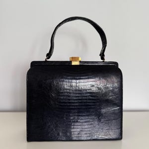 Classic 60s vintage black leather handbag Bellestone gold hardware reptile embossing structured top handle bag