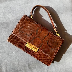 Vintage snake skin handbag brown structured top handle bag with gold clasp