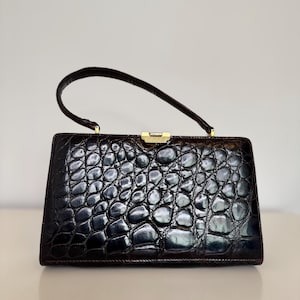 Vintage Dark Brown Crocodile Embossed Leather Handbag