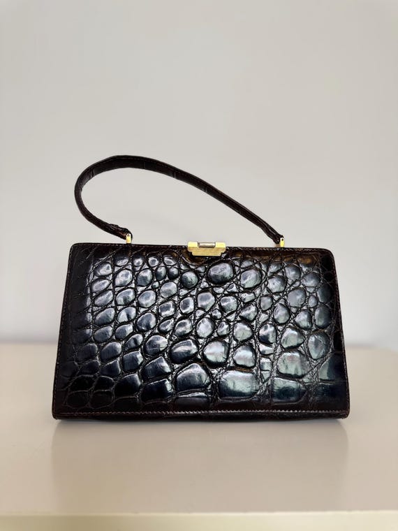 Vintage Dark Brown Crocodile Embossed Leather Handbag