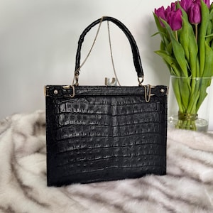 Vintage Black Croc-Embossed Leather Handbag | 1980s Structured Bag with Gold Chain | Classic Evening Purse