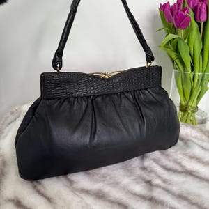Vintage Black Soft Leather Evening Bag, 1980s Clutch Purse with Emerald Lining, Gathered Frame Bag, Classic Top Handle Handbag