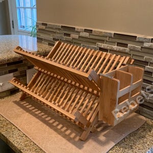 Bamboo Dish Drying Rack with Utensil Holder | Foldable Kitchen Storage | Utensil Holder | Dishwashing Rack | Wooden Plate Rack | Dish Rack