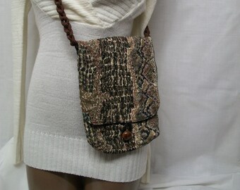 Handmade Quilted Cross Body Messenger Bag, Silk Fabric in Snakeskin Patten, Handmade Purse, Shoulder bag, Small Pouch,