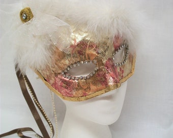 Handmade Mardi Gras Mask, Masquerade Mask, Pary Mask, Halloween Mask, Display Mask, wall Mask, Decorative Mask, Lace and Feathers Mask