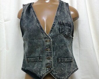 Vintage 1990s BeBop Black Denim Vest,  Size Large, Black Stone Washed Denim Vest, Vintage Fashion, Ladies Denim vest,