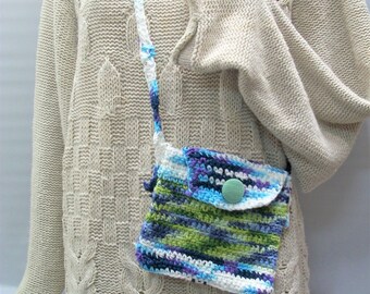 Handmade Cross Body Shoulder Pouch, Blue and Greens Crochet Pouch Bag, Handmade Bag, Small Carry All, Small Pouch, Square Pouch