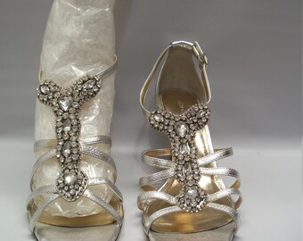 Vintage Strappy Sandal Heels, Antonio Melani,  Glass Rhinestone Encrusted Sandals, Medium High Heels, Sexy Silver Sandal Heels, Barely Used