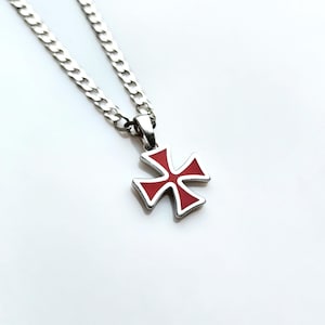 Rhodium Plated Silver Maltese Cross Pendant, Red Enamel Equal Arm Jewelry