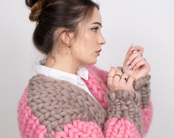 Hand Knit Chunky Merino Wool Cardigan, Colorful Warm Knitwear