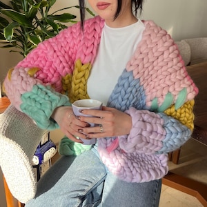 Hand Knit Chunky Merino Wool Cardigan, Colorful Statement Piece