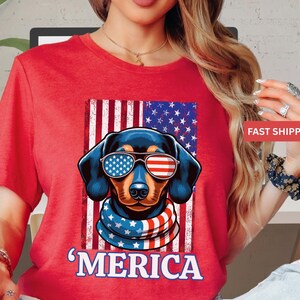 Christmas Gift idea for Dachshund lovers, Dachshund &#39;Merica Patriotic Shirt for Dog Mom, Cute Winnie graphic Tee, Dog Lover USA Flag T-shirt