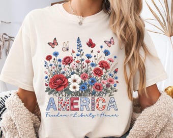 Floral American Shirt, Women 4th of July T-shirts, Patriotic Shirt for Women, Independence Day Shirt, USA 1776 Shirt, Patriotic USA T-shirts