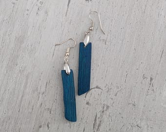 Blue Bar Earrings made from White Oak Wood - Handmade Jewelry - Symbol of strength, courage, and protection - Gift honoring personal growth