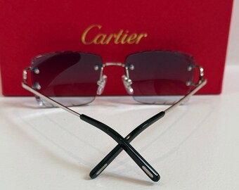 Cartier Silver Frame Rimless Sunglasses/ Vintage Blue Lens Eyewear/ Gift For Her,Him/ fathers Day Gift/ Thanks Giving Gift/ Independence Day
