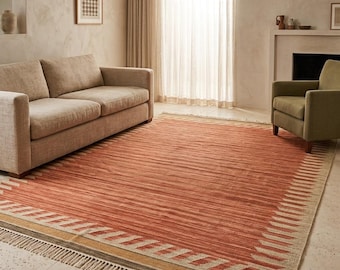 Handwoven Kilim Rug, Terracotta Flatweave Area Rug, Boho Wool Rug, Geometric Turkish Style Carpet, Living Room Bedroom Rug