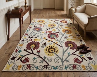 Handmade Kilim Wool Rug – Floral Boho Vintage Carpet for Living Room