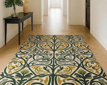 Hand-Tufted NZ Wool Rug: Arts and Crafts Botanical Fern Carpet Home decor Rug