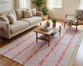 Handwoven Pink Kilim Rug, Soft Wool Geometric Carpet, Modern Boho Decor