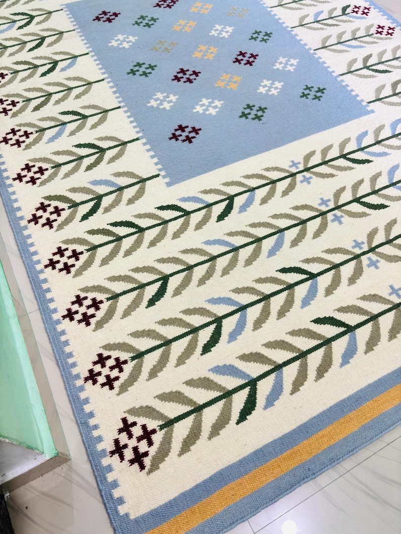 Handwoven Wool Kilim Rug, Sage Green Floral Flatweave, Scandinavian Style image 6