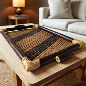 Handmade Bamboo Serving Tray,Eco-Frindly Cane Kitchen Decor,Rustic Coffee Table Tray,Baho Farmhouse Hame Decor Gift