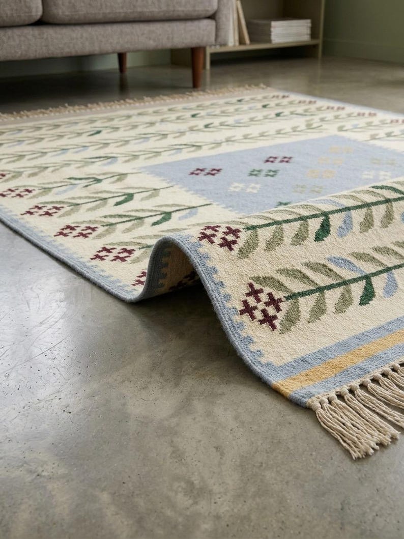 May include: A rectangular area rug featuring a cream-colored base with a repeating pattern of green leafy branches and small maroon cross-stitch flowers. The rug includes a light blue central panel, a yellow border, and off-white fringe at the ends.