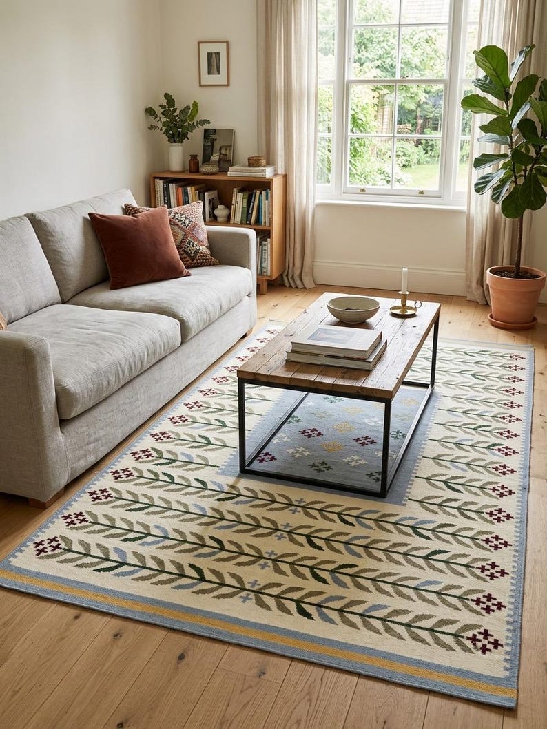 May include: A rectangular area rug featuring a cream-colored base with a repeating pattern of stylized green and blue leaf-like branches. The design includes small dark red cross-stitch accents and a border with light blue and yellow stripes.