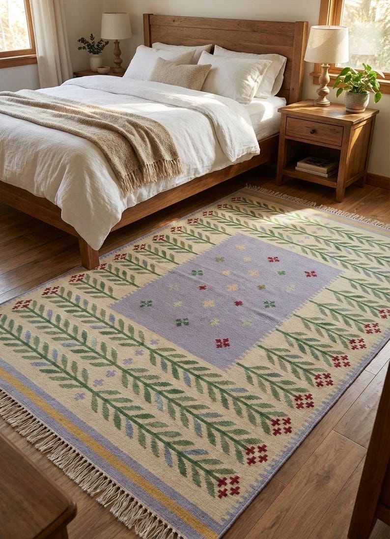 May include: A rectangular area rug featuring a cream-colored base with a central light purple rectangular panel decorated with small multi-colored floral motifs. The border displays repeating green leaf patterns and red flowers with fringe.