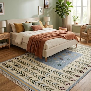 May include: A rectangular area rug featuring a cream-colored base with a repeating pattern of green and blue leaf-like branches. The rug includes a central light blue panel with small cross motifs and a fringed edge with yellow and blue borders.