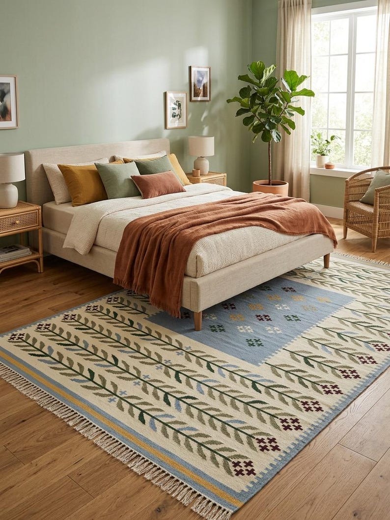 May include: A rectangular area rug featuring a cream-colored base with a repeating pattern of green and blue leaf-like branches. The rug includes a central light blue panel with small cross motifs and a fringed edge with yellow and blue borders.