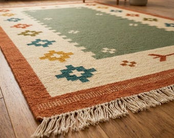 Handmade Kilim Rug, Boho Area Rug, Geometric Wool Rug, Southwestern Carpet, Tribal Living Room Rug, Turkish Style Kilim, Flat Weave Rug