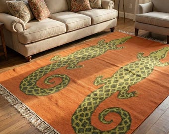 Handwoven Alligator Kilim Rug, Orange & Green, Boho Tribal Decor