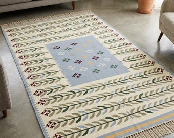 Handwoven Wool Kilim Rug, Sage Green Floral Flatweave, Scandinavian Style