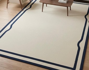 Hand-Tufted Wool Rug, Cream and Navy Wavy Border, Minimalist Modern Design