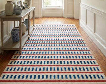 Handwoven Kilim Wool Rug | Blue & Red Striped Flatweave Home Decor Rug