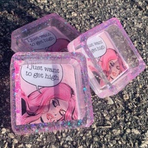 Pink aesthetic pop art girl holographic glitter resin ashtray